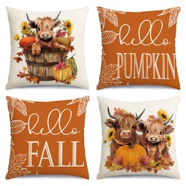 RABUSOFA Fall Pillow Covers 20x20 Set of 4,Highland Cow Fall Decorations for Home Outdoor Autumn Thanksgiving Hello Pumpkin Sunflower Leaves Decor Decorative Pillow Cases Farmhouse for Couch Orange