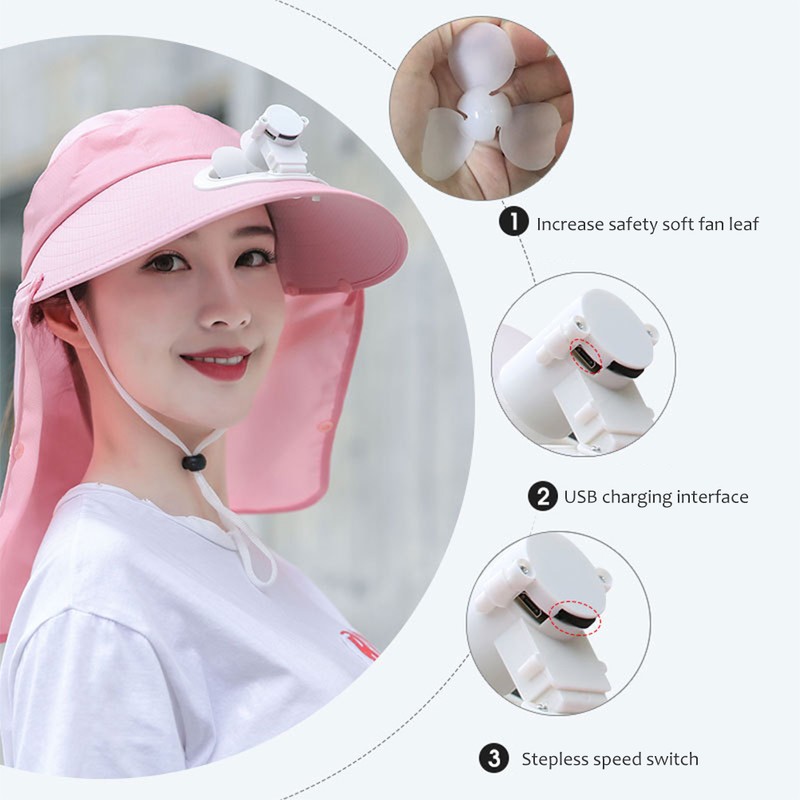 Summer Women USB Charging Fan Visor Hat with Face Neck