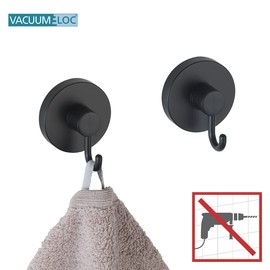 WENKO Vacuum-Loc Hooks Black, Set of 2 Towel Rails, Hooks for Towels and Accessories, Fixing Without Drilling with Vacuum, Plastic Black Painted, Loft Style, Each 6 x 6.7 x 5 cm
