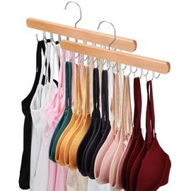 NECAMOCU 2 Pack Bra Hanger for Closet Organizer, Premium Wooden Tank Top Hangers with 36 Foldable Hooks, 360° Rotating Design, Space Saving Storage for Tank Tops, Bras, Scarves and More