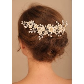 Deniferymakeup Flower Wedding Hair Comb Clip Pearl Hair Comb Bridal Crystal Wedding Hair Accessories for Brides and Bridesmaid (Style 5)