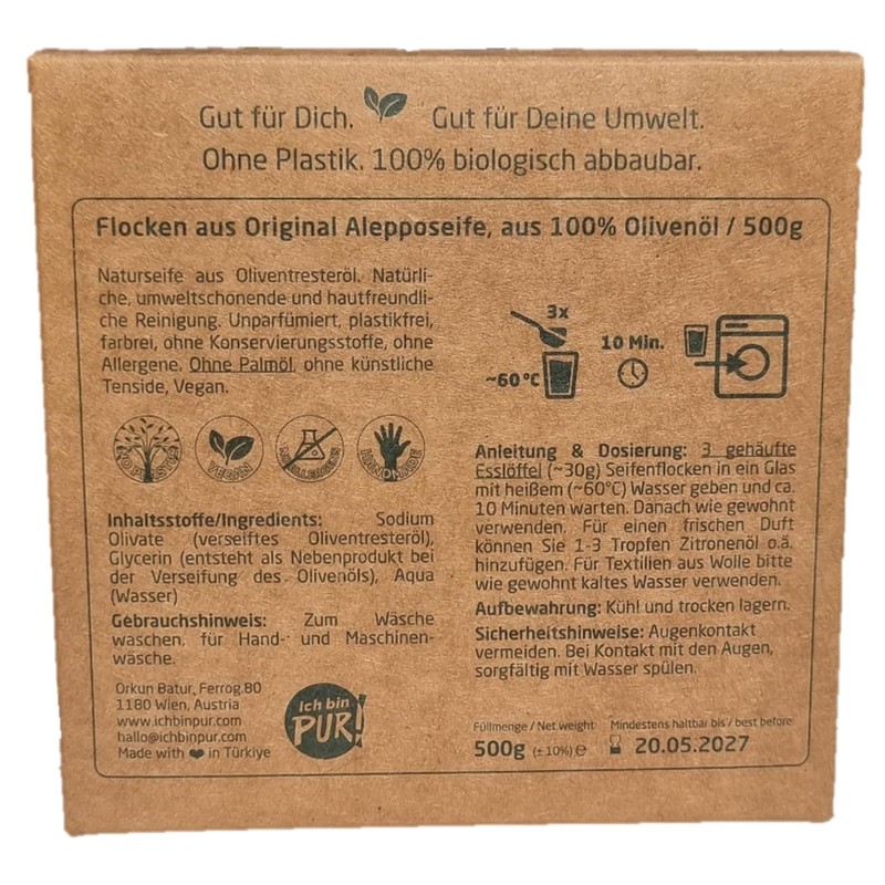IchbinPUR Original Aleppo Soap Flakes, Extra Fine, Quick Water Soluble,