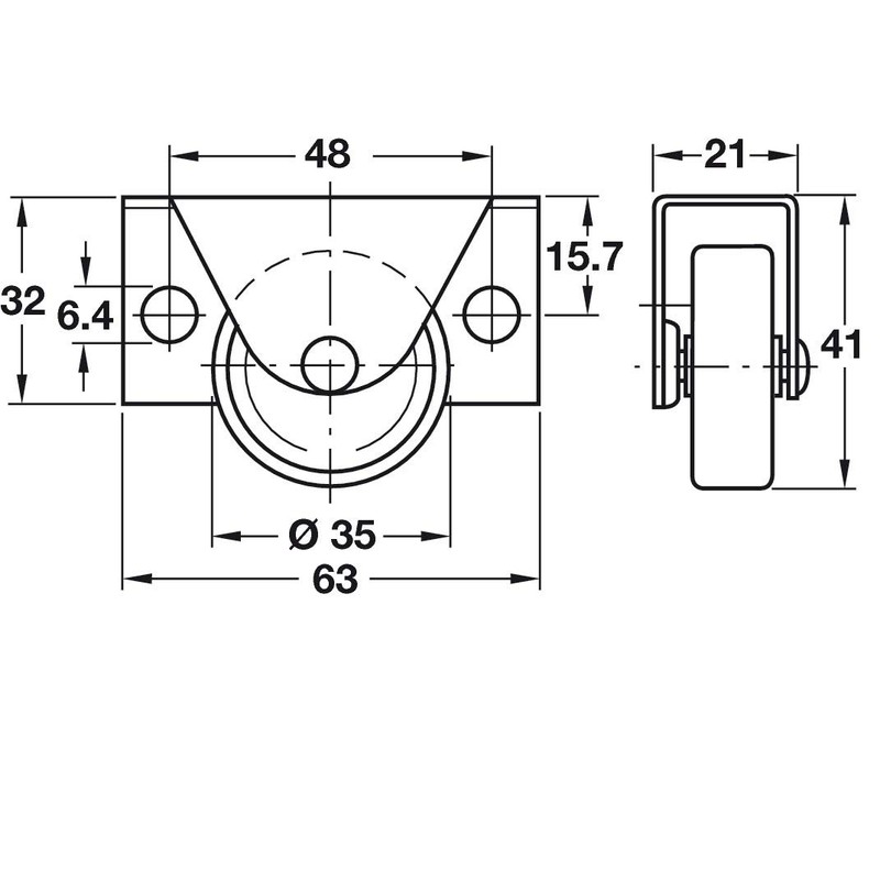 4 x Fixed Single Wheel Castors Without Brake Ø 35