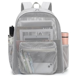 Mimfutu Mesh Backpack for School, Girls Boys See Through College Backpacks Heavy Duty Semi-Transparent Women Wen Bookbag for Swimming Travel Beach Hiking (Light Grey)