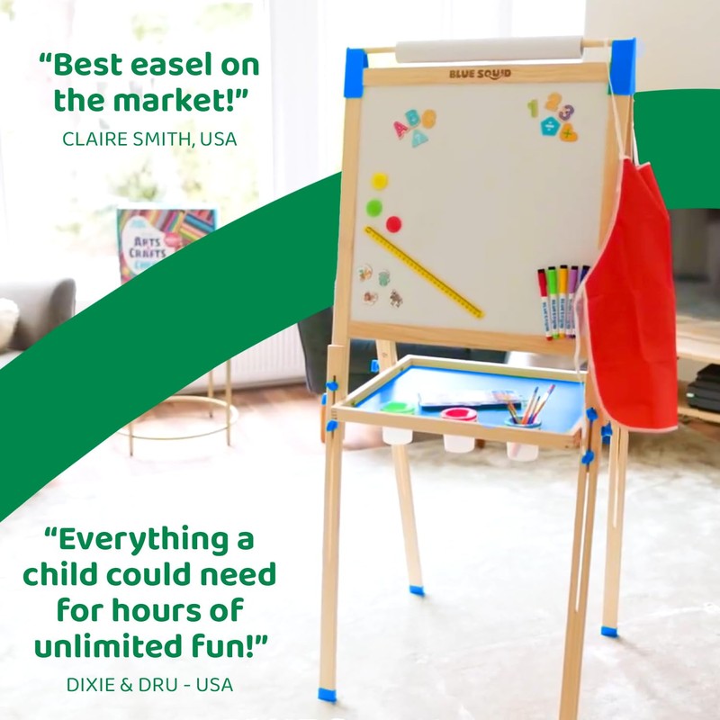 Blue Squid Art Easel for Kids - Dual-Sided Adjustable Wooden