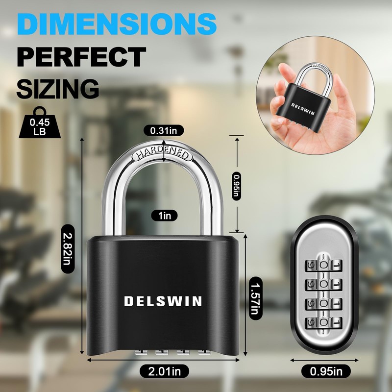 DELSWIN 4-Digit Combination Lock Outdoor Padlock - Heavy Duty Locker