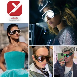 YUELUQU Fashion Rave Sunglasses for Women Men Oversized Futuristic Shield Wave Mask Sunglasses Designer Style, white/gold