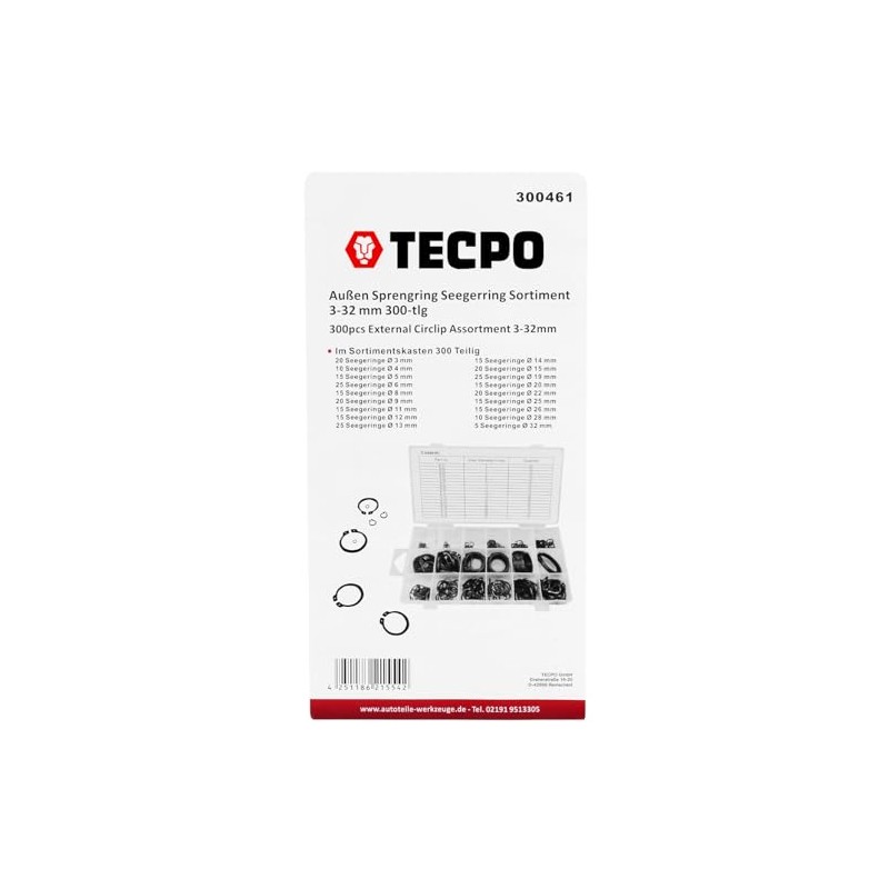 TECPO Outer Seeger Rings Circlips Slot Rings Assortment 300 Pieces