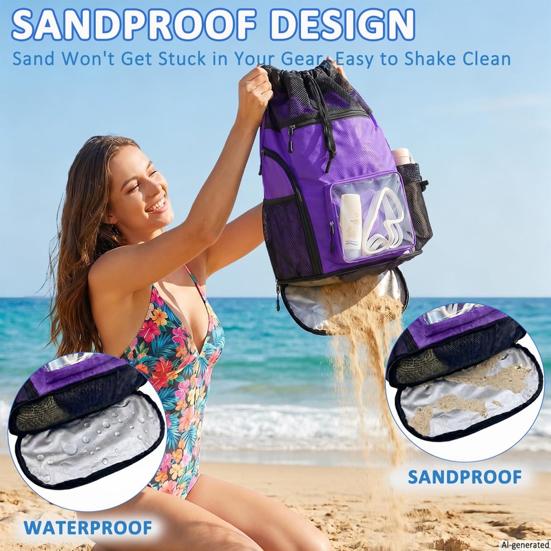 YUHAN PRETTY Mesh Beach Backpack Sandproof Waterproof Drawstring Backpack with