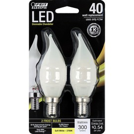 Feit Electric BPCFF40/827/LED/2 Dimmable Led Bulb, 40 Watt Equivalent, 120 Volt, 300 Lumens, Candelabra Base, 2700K, CRI >80, Soft White, 2 Pack