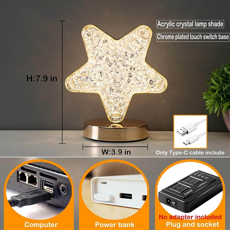 Star Bedside Table Lamp Cordless Rechargeable 3 Color Stepless Dimmable