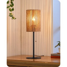 EDISHINE Tall Table Lamp, 19.1" Rattan Bedside Lamp with Vertical Woven Shade & Pull Chain Switch, E26 Socket, Metal Base, Boho Nightstand Light for Living Room, Bedroom, Nursery