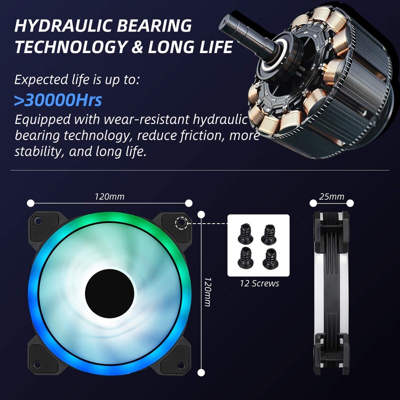 3 Pack RGB Case Fans, 120mm Ultra-Quiet RGB Chassis Cooling