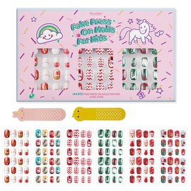 144Pcs Kids Press on Nails Children Girls Press on Short Artificial Fake Nails No fading Stable Quick Stick on Cute Pre Glue Full Cover Acrylic Nail Tip Kit Gift Kids Nail Decoration (Christmas Style)