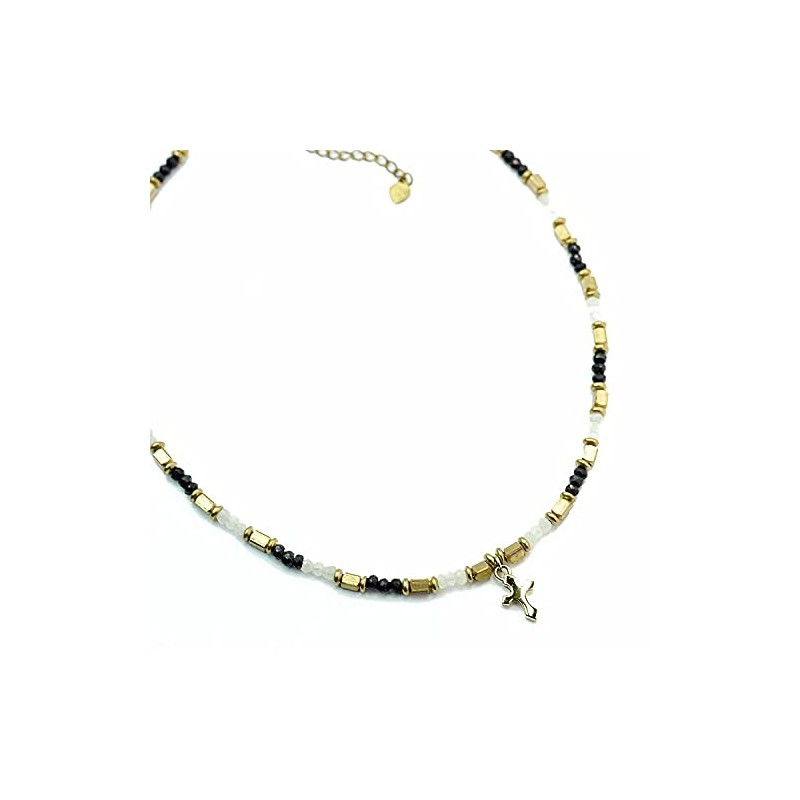 [シルバーワン] ma ムーンストーン ブラックスピネル ビーズ ネックレス ゴールド クロス メンズ 45cm
