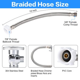 PevePexe Toilet Hose Water Supply Line Kit - 12" Length 3/8" COMP x 7/8" BC Braided Toilet Connector Hose & Shut Off Toilet Water 1/2 inch NOM Inlet x 3/8 inch OD Compression Outlet Angle
