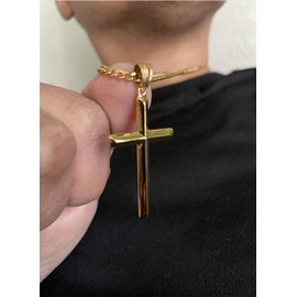 Zaloyi Men's 24k Gold Plated Beveled Cross Necklace with 3mm Cuban Link Chain (24 inch)