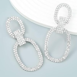 Oval Statement Earrings Crystal Rhinestone Chandelier Dangling Big Studs Delicate Wedding Jewelry for Women (Silvery, One size)