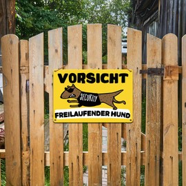 Goodvia Caution Free-Ranging Dog Sign Funny with Picture Security Dog Aluminium Metal Reflective Warning of Dog Signs Yellow x 1 Piece