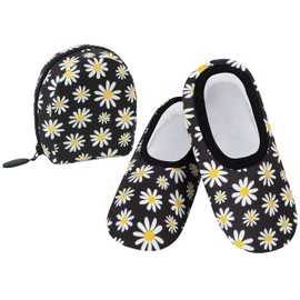 Snoozies Foldable Travel Slippers for Women with Pouch, Sherpa-Lined Slipper Socks Non-Skid (Black/White Daisy, Large)