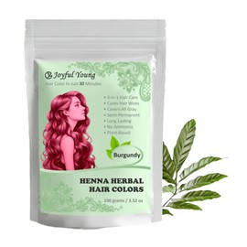 Joyful Young 3IN1 Henna Hair Color - 30 Min Fast Herbal Hair Dye for Gray Coverage, Conditioning & Hair Treatment - No Ammonia, Semi-Permanent, Plant-Based (BURGUNDY RED)