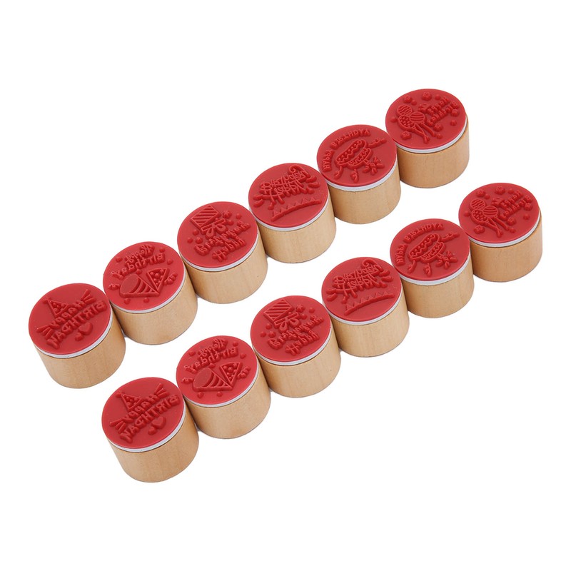 12Pcs Birthday Stamps Wooden Handle Assorted Style Clear Pattern Wooden