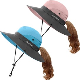 IYEBRAO 2 Pieces Kids Girls Sun Hat with Ponytail Hole Summer Wide Brim UV Protection Bucket Cap for Beach ＆ Fishing (Sky Blue＆pink)
