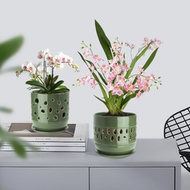 COLOAPT Orchid Pots, 5+6 Inch Orchid Pots with Holes, Ceramic Plant Pot with Drainage and Saucer, Enhance Good Ventilation, Indoor/Outdoor Flower Pots Set of 2 - Green