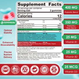 NEVISS Probiotic + Prebiotic Gummies for Adults & Kids 4+, Sugar Free Chewable 50 Billion CFUs w/Fiber, Vitamin B1 B2 D3 & Zinc, for Digestive & Gut Health, Boost Microflora Diversity, 60 Cts