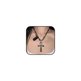 Vurotry Ankh Necklace for Men Women Ankh silver Cross Pendant Egyptian Symbol of Life Boho Leather Bead Y2K Punk Hippie Necklace Trendy Cross Jewelry, Large, Polyester, No Gemstone