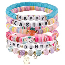 GVUSMIL 6 PCS Clay and Stone Bead Easter Bunny Bracelets Set, Easter Basket Stuffers, Stackable Colourful Heishi Elastic Faith Bracelet Jewelry Gifts for Gir