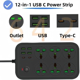 Flat Plug Power Strip, Extension Cord with 6 Universal International Outlets, 4 USB A, 2 USB C Ports, 110-240v, Max 3000w, Mountable Plug Extender for Overseas Travel Home Office