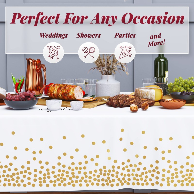 4 Pack Disposable Plastic Tablecloth, Gold Stamping Dot Rectangular Table