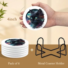 Drink Coasters with Holder,6 Pcs Black Cat Moon Absorbent Ceramic Coasters with Cork Base,Cute Funny Table Drinks Coasters,Table Home Decor,4 Inches