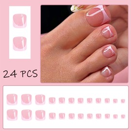 24Pcs French Tips Press on Toenails Short Nude Pink Glitter Fake Toe Nails Square Shape False Toenails Acrylic Nails Summer Full Cover Glue on Toe Nails for Women Girls Artificial Toenails Decorations