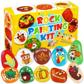 80UncleKimby Fall Thanksgiving Rock Painting Kit: Arts and Crafts for Kids - Include DIY Stones, Water Paint, Tattoos, Gifts Toys Party Favors Classroom Activities for Girls Boys Ages 8-12