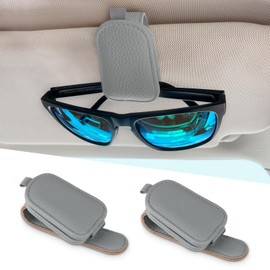LTOHOE 2 Pack Sunglass Holder for Car, Magnetic Leather Sunglasses Holder and Ticket Card Clip, Universal for Different Size Glasses, Car Visor Accessories(Grey)