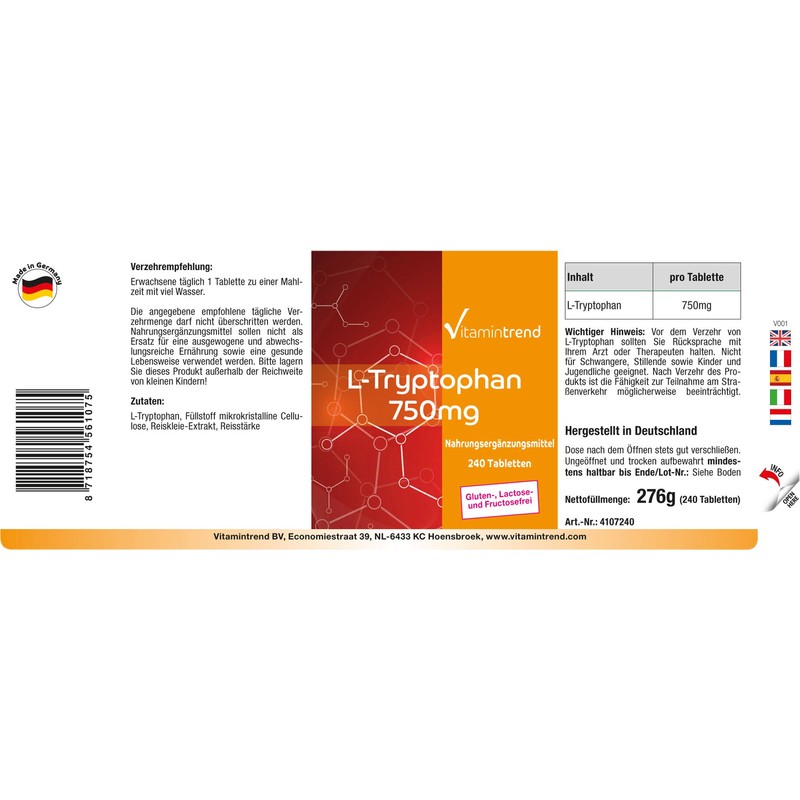 L-Tryptophan 750 mg – 240 Vegan Tablets – High Dosage,