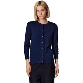 JENNIE LIU Women's 100% Merino Wool Crewneck Cardigan Sweater | Ultra Soft Machine-Washable Fine Gauge Sweaters for Women | All-Season Versatile Layering Staple (Navy, Medium)