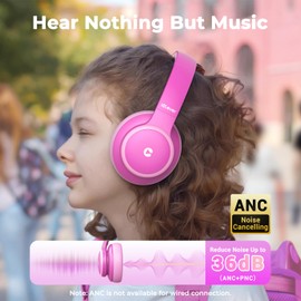 iClever BTH26 Active Noise Cancelling Headphones for Kids, 60H Play Time, Type-C Fast Charging, 80dBA Safe Volume, Bluetooth5.4 Kids Headphones Wireless Aux Cord for Airplane Travel (Pink)