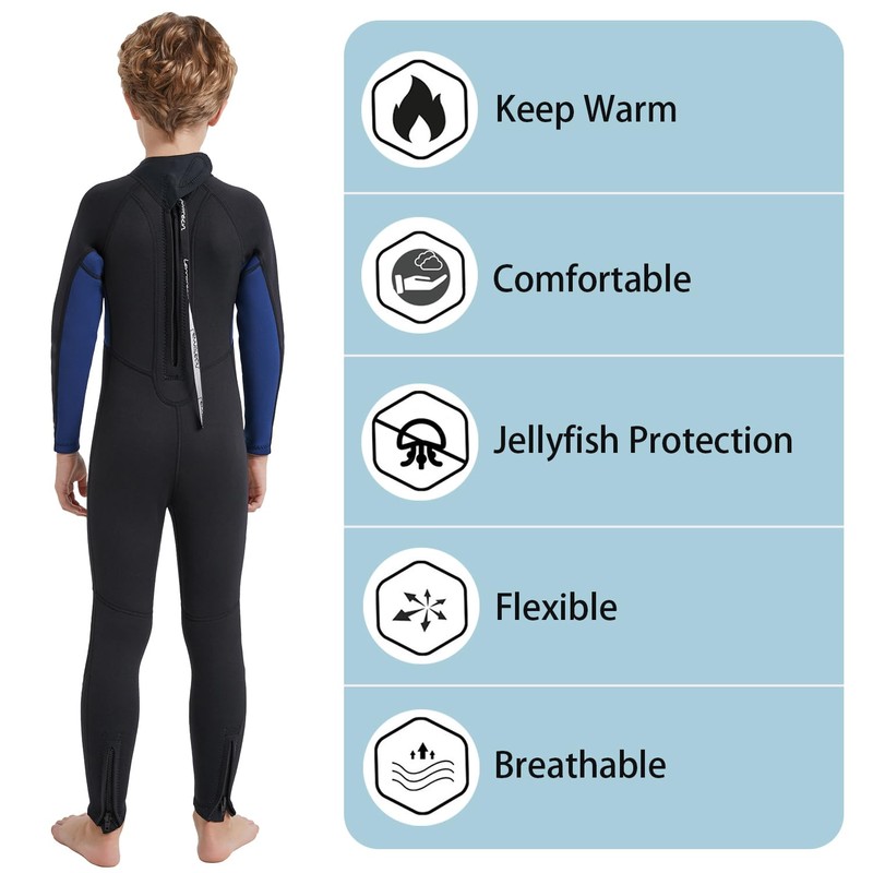 Lemorecn Wetsuit Kids 3mm Back Zip Full Wetsuit for Boys