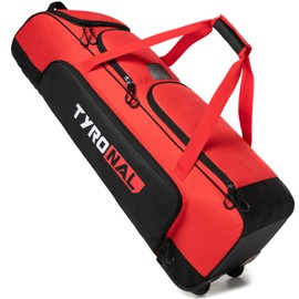 TYRONAL Baseball Bag with Wheels for 4 Bats,Soft Rolling Baseball Bag With Multi-Pockets, Fence Hook, Holds All Equipment. (Red/Blk)