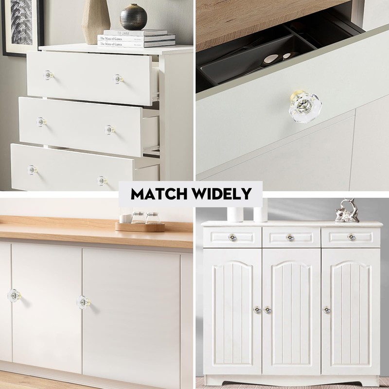 HIEMEY Gold Crystal Glass Cabinet Knobs, Satin Brass Pulls and