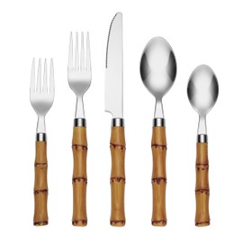 Cambridge Silverware Set For 4, Bamboo Handle 20-Piece Flatware Set, Tropical, 18/0 Stainless Steel, Service For 4, Dishwasher Safe, Plastic Brown Handle,Knives Spoons & Forks Set (Silver, 20 Piece)