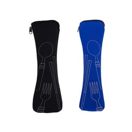 Cutlery Bag for On the Go, Pack of 2 Portable Neoprene Picnic Cutlery Bags Tableware Camping Empty Children School Washable Cutlery to Go, Cutlery Bag, Portable Cutlery Bags (Blue/Black)