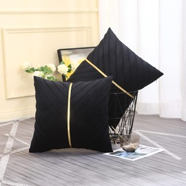 Tosleo Black Velvet Throw Pillow Covers 24x24 inch Pack of 2 with Gold Leather Decorative Couch Pillow Cover Luxury Modern Pillowcases for Living Room Bedroom Sofa Cushion Bed
