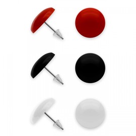 Soul-Cats Set of 3 Round Stud Earrings in Black, Red and White Acrylic with Stainless Steel Pin Diameter Approx. 14 mm, Stainless Steel, No Gemstone
