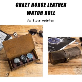 Genuine Leather Travel Watch Case Roll Box Organizer Classic, Contact's Leather 3-Watches Roll Case for Watches and Bracelets (Coffee)