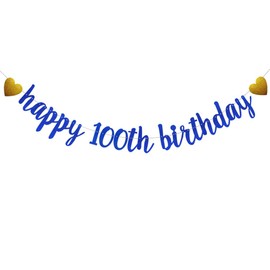 SUNbetterland Blue glitter Happy 100th Birthday Banner, Pre-Strung,Man's 100th Birthday Party Decorations Supplies, Happy 100th Birthday