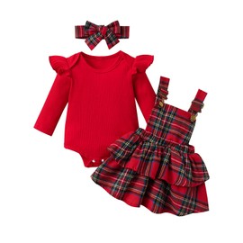 Geagodelia Baby Girl Christmas Outfit Reindeer Suspender Tartan Skirt + Long Sleeve Bodysuit + Headband Newborn My First Christmas Dress Clothes Set (102502#Red, 12-18 Months)